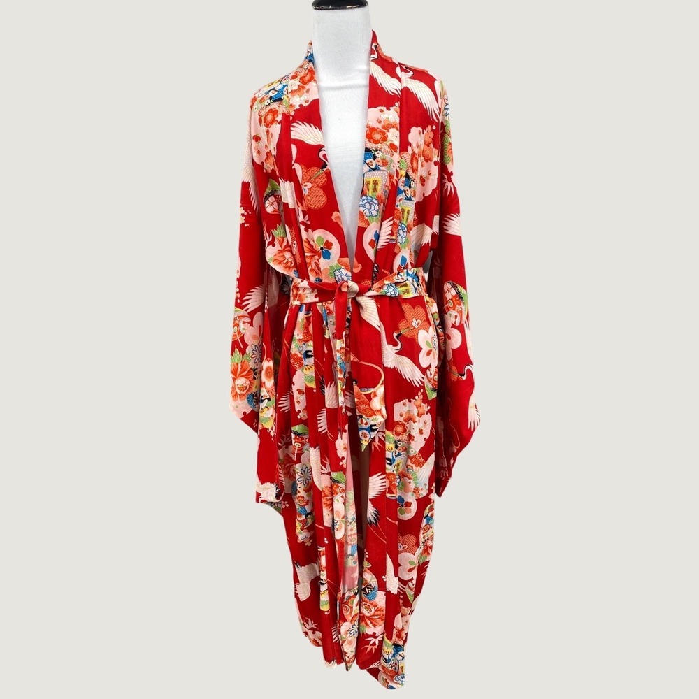Vintage Japanese Kimono Robe Red Cranes Cherry Blossoms Festival Floral Belted